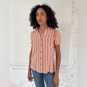 Indi & Cold Button Front Striped Blouse Puff Sleeve